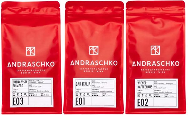 Andraschko Probierset 3 x 250g, ganze Bohne: Buena Vista, Bar Italia & Wiener Kaffeehausmischung, rote Verpackung mit weißem Label